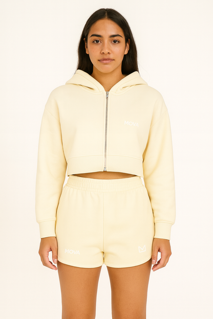 Womens Cropped Oversized Zip Hoodie | Cream